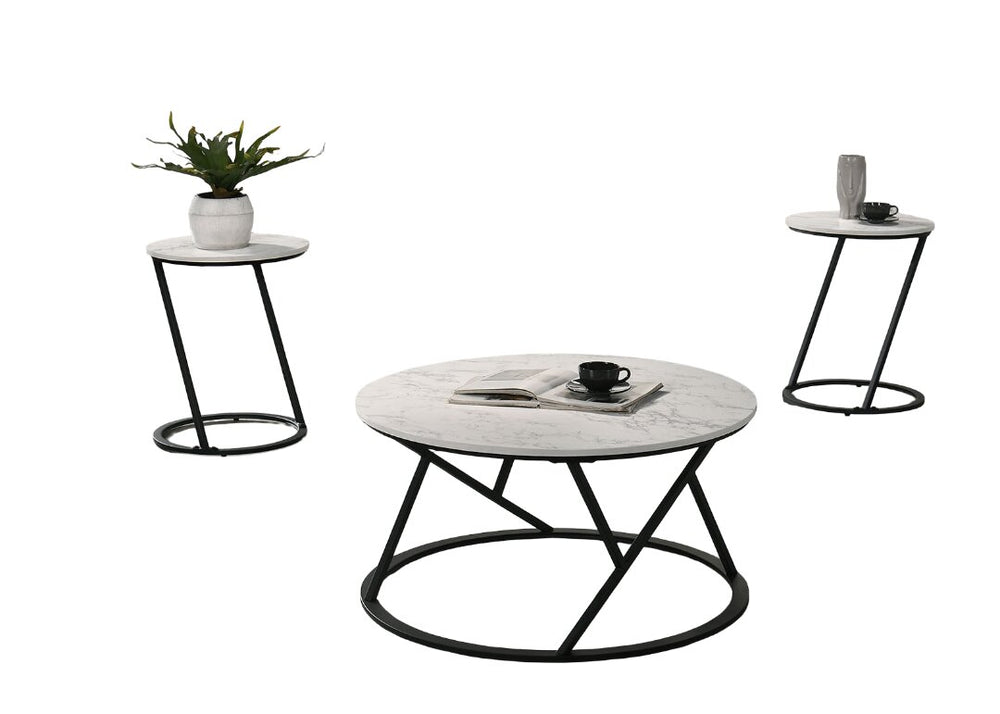 English Elm Contemporary 3-Piece Table Set: Stylish Coffee & End Tables With Abstract Metal Bases In White Finish B2741P392074