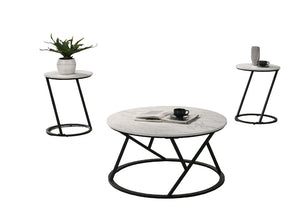 English Elm Contemporary 3-Piece Table Set: Stylish Coffee & End Tables With Abstract Metal Bases In White Finish B2741P392074