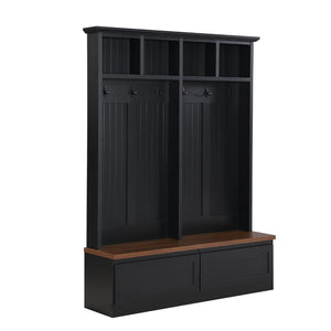English Elm Rattan Door Hall Tree Bench with 6 Hooks Farmhouse Entryway Storage Black + Dark Walnut N721S000076B