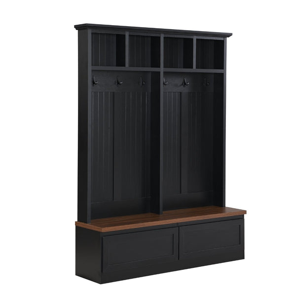 English Elm Rattan Door Hall Tree Bench with 6 Hooks Farmhouse Entryway Storage Black + Dark Walnut N721S000076B