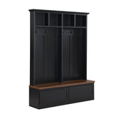 English Elm Farmhouse 4-In-1 Hall Tree With Wood Grain Bench, Mudroom Versatile Coat Rack With 2 Large Drawers, Large Entrance Organizer With 6 Black Hooks For Hallway, Living Room, Black, 55.9"Wx75.6"H