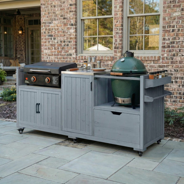 English Elm K&k 80.5 Inch Outdoor Kitchen Island Solid Fir Wood Stainless Steel Grill Cart Station Grey+Blue N707P392140G