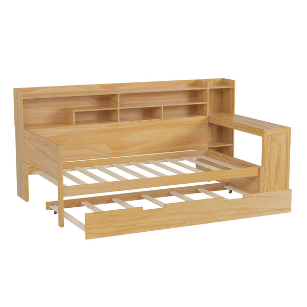 English Elm Wooden Twin Daybed with Trundle, Built-In Desk and Side Storage Shelves for Space-Saving Living Natural 54.4 L x 18 W x 5.6 H N733S242275M