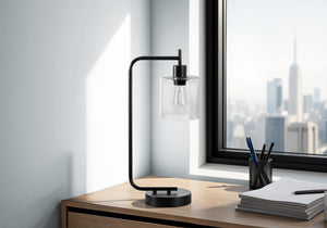 English Elm Lighting, chic globe ceramic table lamp with linen empire shade, 3-way rotary switch for adjustable ambiance Black 10 L x 8 W x 22 H B2710P220100