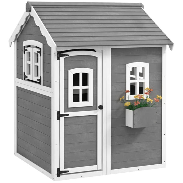 English Elm Toddlers Solid Fir Wood Cottage Playhouse with Windows and Plant Box for Backyard T3971P442846