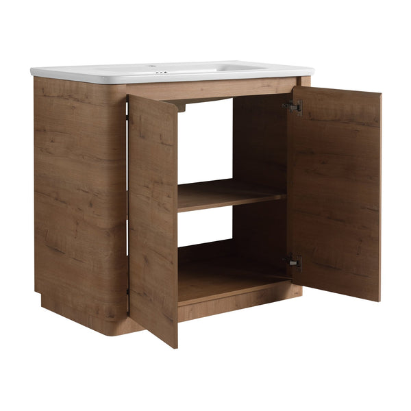 English Elm 36'' Freestanding Bathroom Vanity with White Ceramic Sink, Soft-Close Doors, Plywood, Adjustable Shelves W999P351896