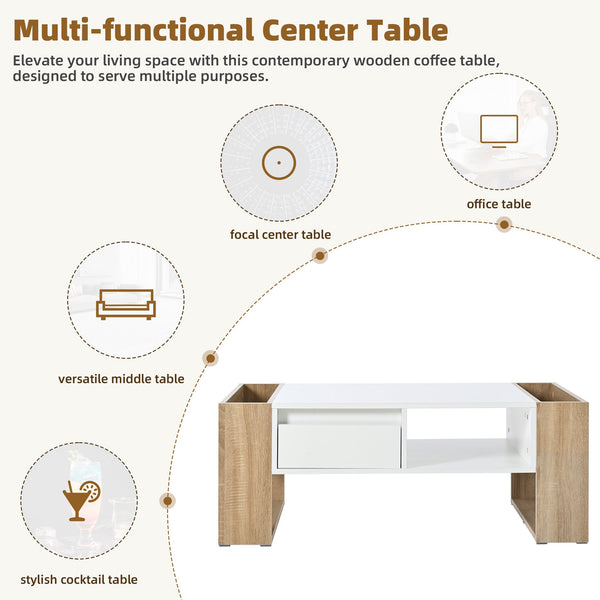 English Elm ON-TREND High Gloss Coffee Table with 2 Drawers, Hidden Compartment, Open Shelf, Modern Luxury Finish White+Natural N721P205792K