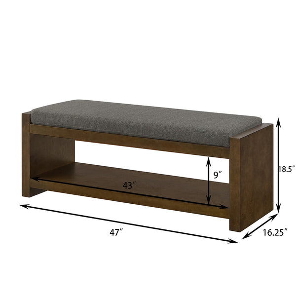 English Elm 47" Accent Bench with Lower Shelf Shoe Rack, Removable Padded Cushion, Modern Entryway Seating with Storage and Raised Sides for Stability Granite W2186P292147