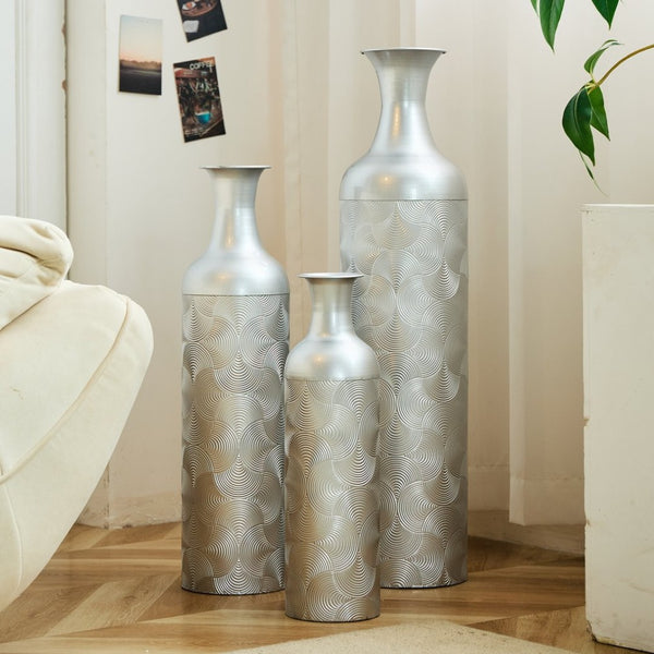 English Elm Silver Metal Floor Vase Trio Etched Wave Pattern Tall Cylinder Set for Modern Decor W2796P386873