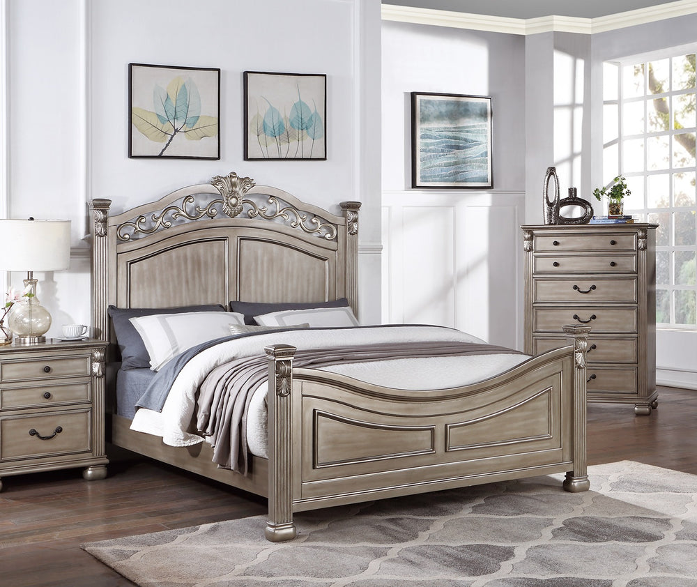 English Elm Formal Antique Silver Queen Bed Frame With Elegant Headboard & Footboard For Timeless Style B011S00953