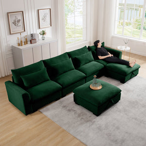 English Elm Big Deep Seat U-Shaped Corduroy Sectional Sofa with Storage Ottomans & Lumbar Pillows, Cozy Modular Design Green W714S00674