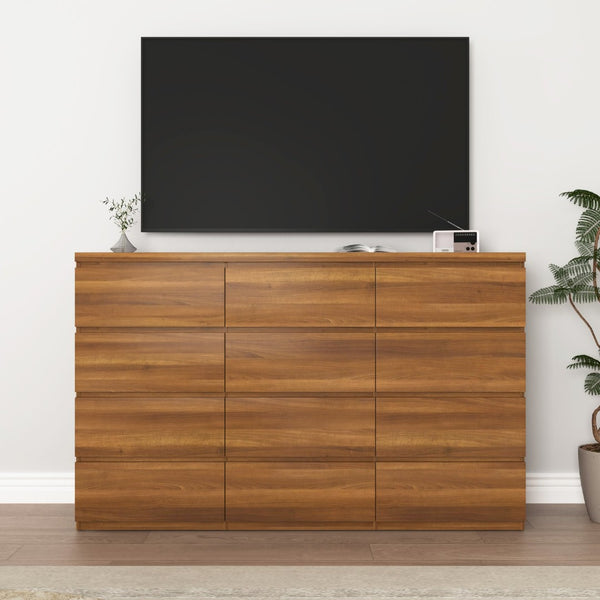 English Elm 12 Drawer Wide Double Dresser Modern Symmetrical Wood Storage Chest for Bedroom Walnut W409S00017