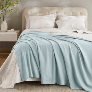 JLA Home Madison Park - Blanket Egyptian Cotton Ultra-Soft Throw for Bed & Sofa, Machine-Washable, Durable Luxury Feel Light Blue MP51N-6188