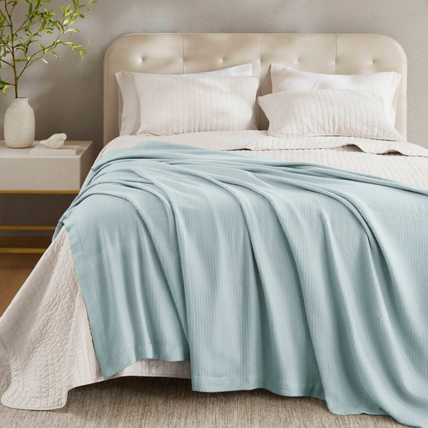 JLA Home Madison Park - Blanket Egyptian Cotton Ultra-Soft Throw for Bed & Sofa, Machine-Washable, Durable Luxury Feel Light Blue MP51N-6188