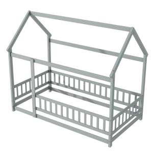 English Elm Twin Floor Wooden House Bed With Roof Frame & Guardrails - Cozy Grey Design For Kids' Rooms W504P286402-GIGA