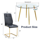 English Elm A Modern Minimalist Style Round Transparent Tempered Glass Table With Gold Metal Legs, Paired With 6 Modern Pu Leather High-Back Dining Chairs ,Bring A Luxurious Experience.