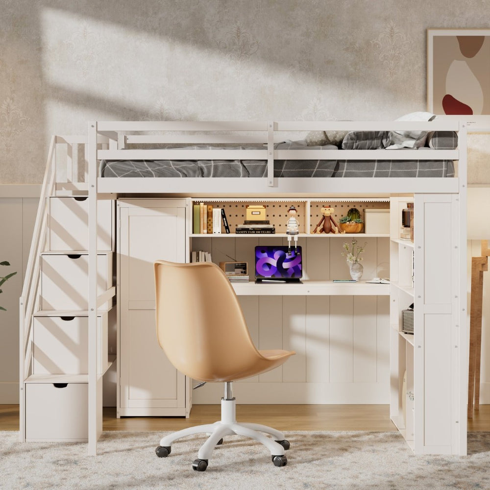 English Elm Full Loft Bed with Integrated Wardrobe Desk Shelving and Led Lighting for Teen Rooms Beige LT000927AAA