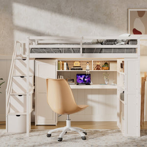 English Elm Full Loft Bed with Integrated Wardrobe Desk Shelving and Led Lighting for Teen Rooms Beige LT000927AAA