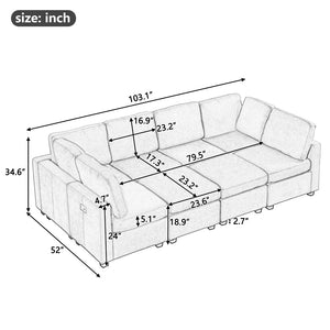 English Elm 103" Sectional Sofa Couch Sofa Bed U-Shaped Sofa With Two Movable Ottoman and Three Usb Ports For Living Room, Beige