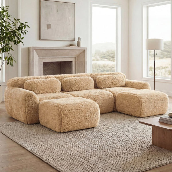 English Elm U-shaped Modular Sectional Sofa Plush Cloud Foam Boneless Build for Home Theater Lounging Light Khaki W714S01569
