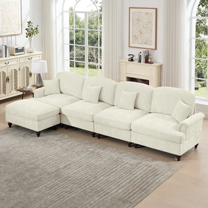 English Elm Classic Modular Sectional Couch With Removable Ruffled Skirt, Ottoman, Flared Arms & Chenille Comfort W3041S00239