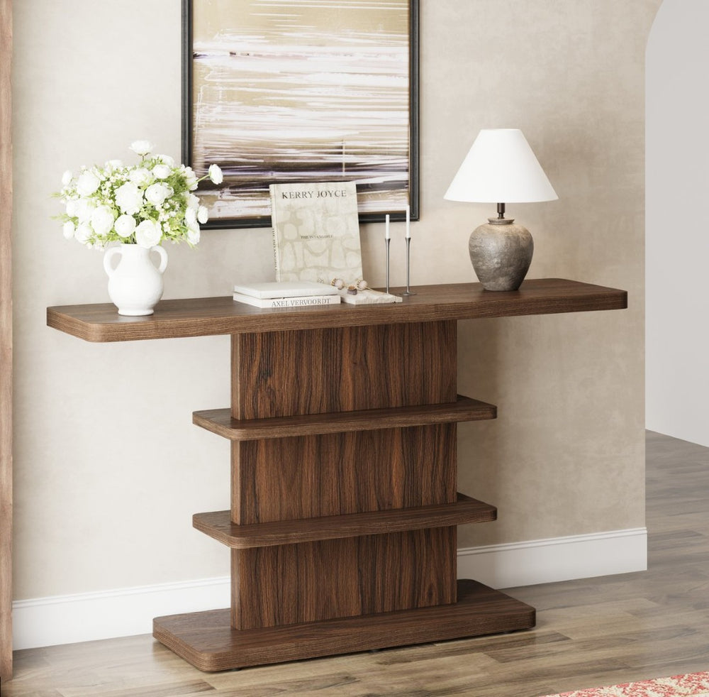 English Elm 63"vintage Walnut Console Table Two Open Shelves Slim Hallway Living Room Accent W757P399696