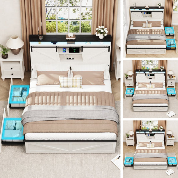English Elm Farmhouse Full Size Bed Frame With Storage Headboard, Charging Station, Led Lights & Drawers, White W1550P343685