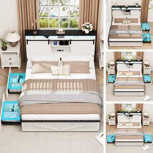 English Elm Farmhouse Queen Size Bed Frame With Storage, Charging Station, Led Lights & Underbed Drawers, White W1550P343686