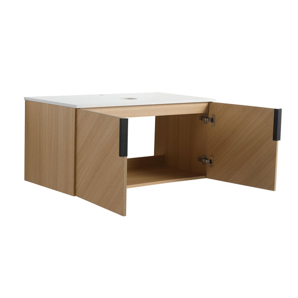 English Elm 36" Wall Mounted Vanity with Artificial Stone Top, Soft-Close Doors, Oak Finish, Durable Plywood W999P373498