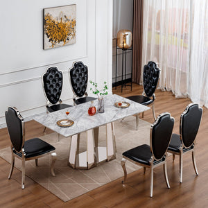 English Elm Marble Dining Table For 6-8 People, 70'' Rectangle Faux Marble Top With Stylish Chrome Base Finish W3456S00013