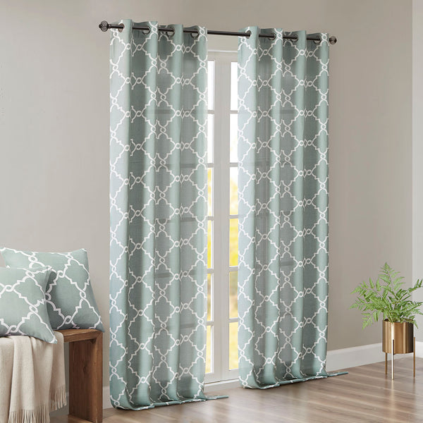 JLA Home Madison Park - Fretwork metallic fret pattern curtain panel with cotton-blend basket weave and gunmetal grommets for soft light filtration and modern texture Seafoam/White MP40-2404