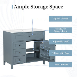 English Elm 36-Inch Blue Gray Modern Bathroom Vanity With Durable Rubberwood Cabinet, Sink & 3 Drawers For Storage N725P350821E