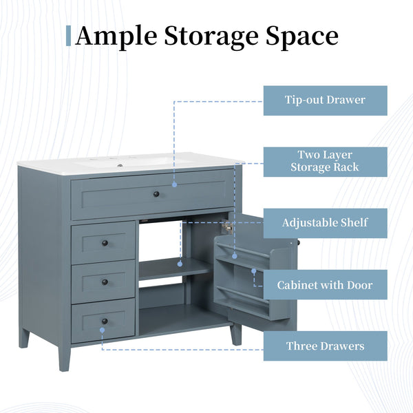 English Elm 36-Inch Blue Gray Modern Bathroom Vanity With Durable Rubberwood Cabinet, Sink & 3 Drawers For Storage N725P350821E