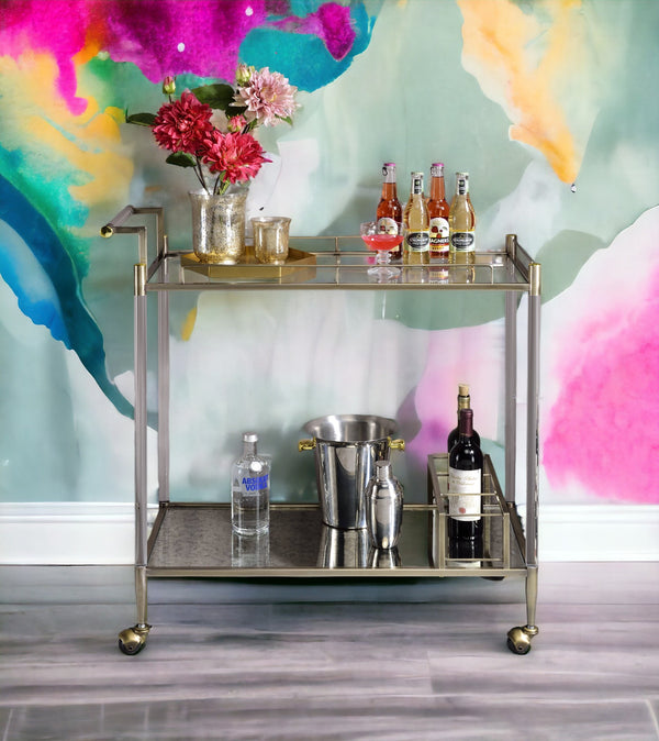 English Elm Cirro Antique Brass & Mirror Serving Cart with Tempered Glass Shelves, Wine Holder, Casters Elegance B2726P255331