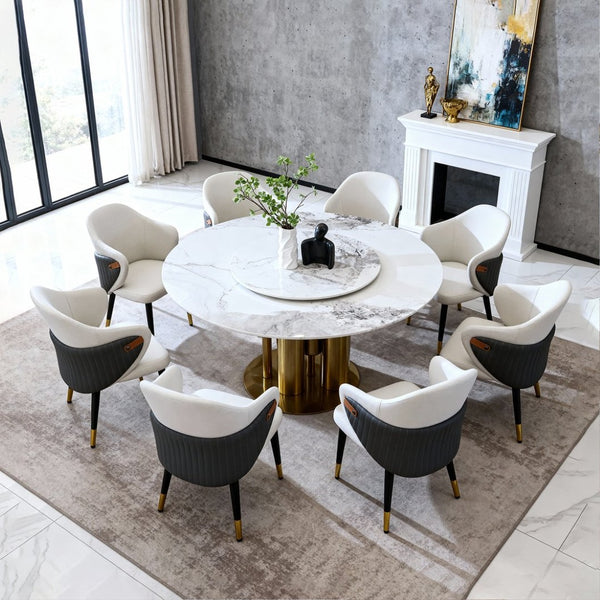 English Elm 59" Round Sintered Stone Dining Table Built-in Lazy Susan Seats Four Modern W2699S00094