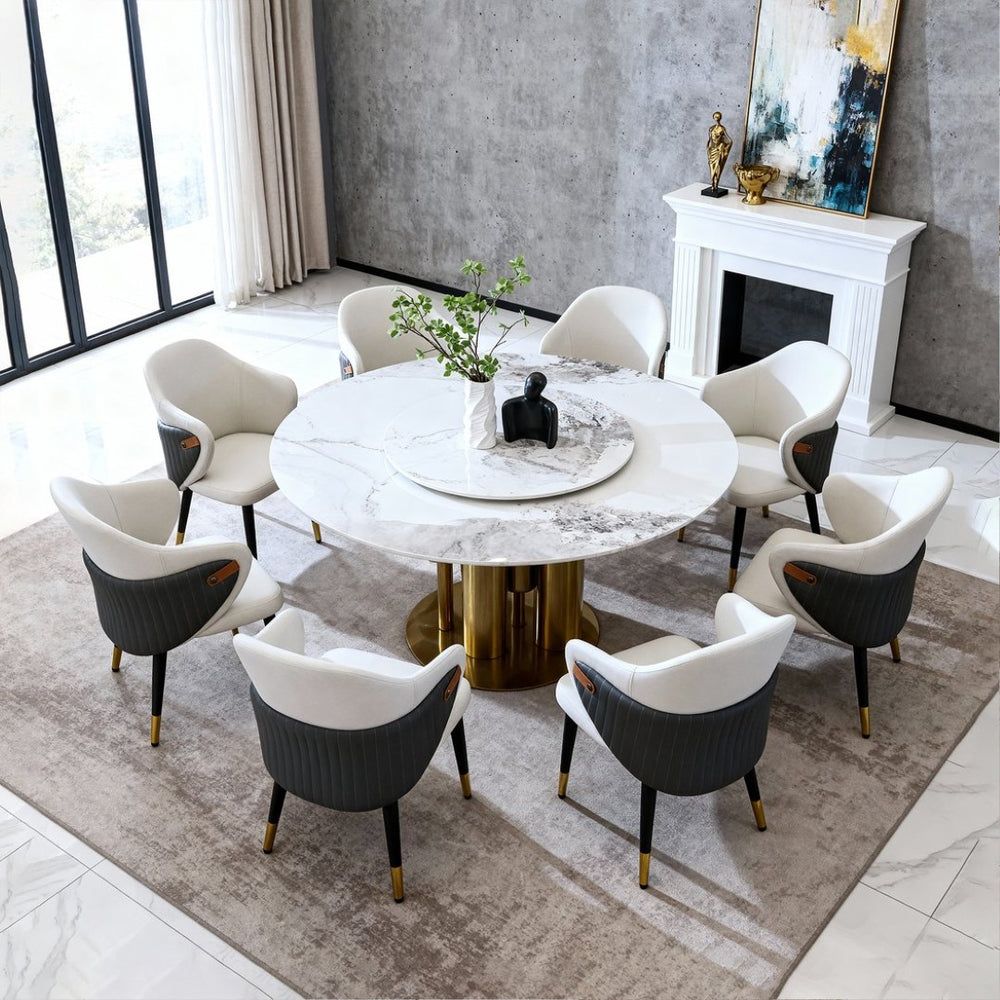 English Elm 59" Round Sintered Stone Dining Table Seats 8 with Built-in Lazy Susan Modern W2699S00096