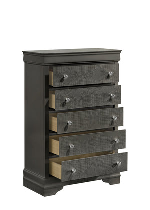 English Elm Blaze Modern 5-Drawer Chest In Metallic Gray With Velvet-Lined Top Drawer & Crystal Knobs For Style B009P286645