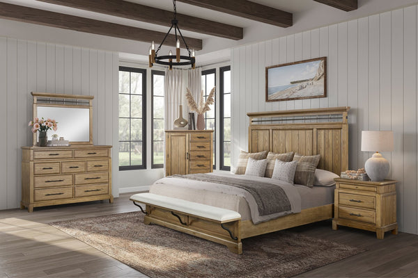 English Elm King Panel Bed with Elegant Transitional Styling, Solid Wood & MDF Frame, Centerpiece Bedroom Focal Point Caramel 86 L x 50.25 W x 6.5 H B2699S00083