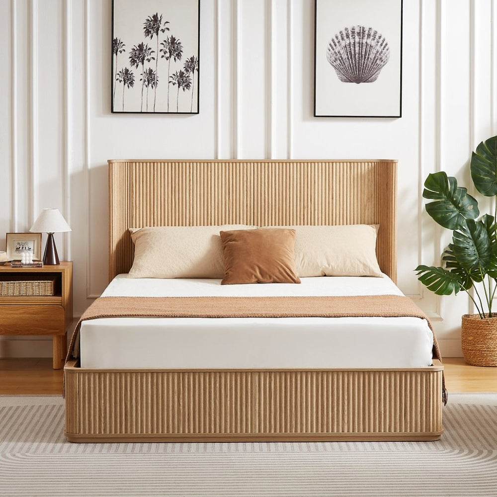 English Elm Natural Fluted Wood Platform Bed Minimalist Queen Frame with Tall Curved Headboard Oak W5219S00004