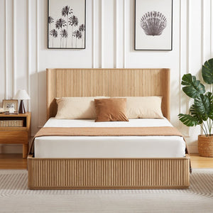 English Elm Natural Fluted Wood Platform Bed Minimalist Queen Frame with Tall Curved Headboard Oak W5219S00004