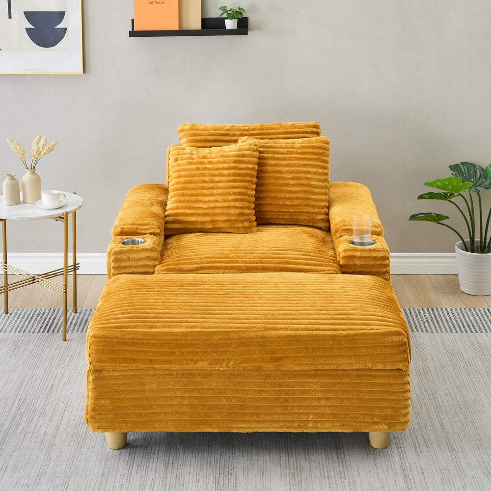 English Elm Orange Corduroy Single Sofa with Ottoman Storage, Built-In Armrest Compartments, Removable Pillow Covers W1658S00140