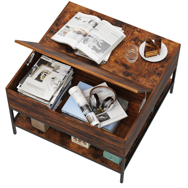 English Elm Farmhouse Flip Top Coffee Table With Hidden Storage – Rustic Wood & Metal Design For Stylish Living Rooms T2398P354184