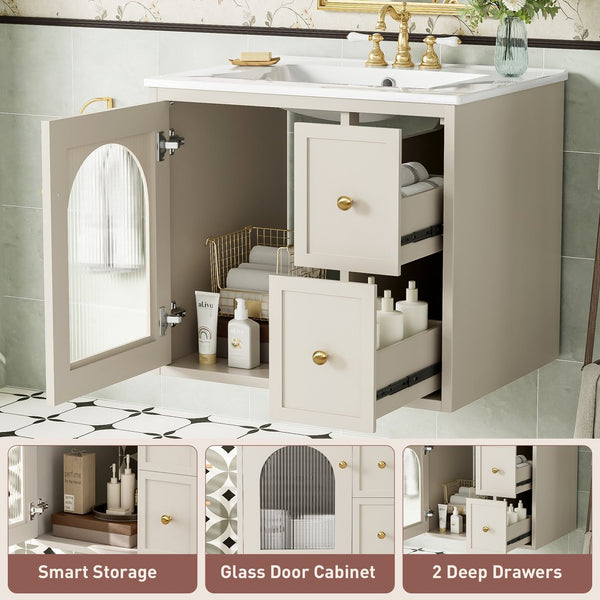 English Elm 24" Modern Wall-Mount Bathroom Vanity with Ceramic Sink, Glass Door Cabinet, 2 Drawers, Soft-Close Beige N710P286704Y