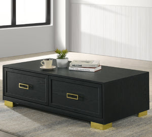 English Elm 1pc Sleek Contemporary Coffee Table with Storage Drawers, Metal Pulls and Modern Wooden Design Black,Gold 51 L x 27 W x 18 H B011P245404