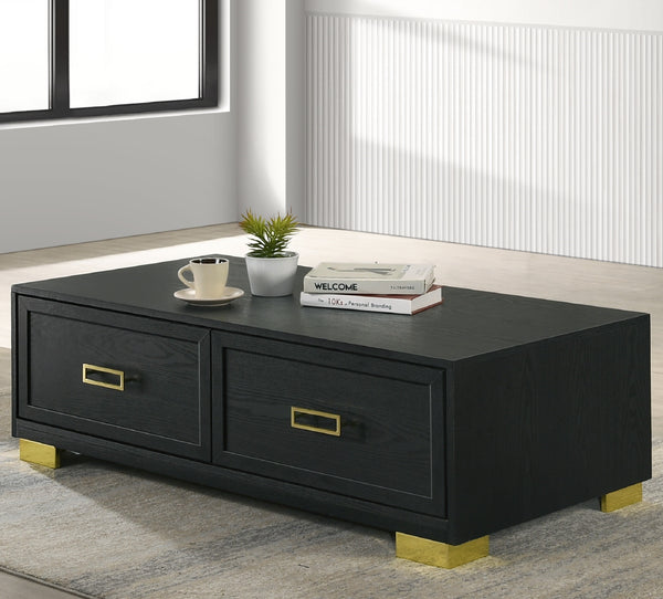 English Elm 1pc Sleek Contemporary Coffee Table with Storage Drawers, Metal Pulls and Modern Wooden Design Black,Gold 51 L x 27 W x 18 H B011P245404