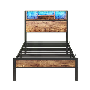 English Elm Twin Metal Platform Bed with RGB Headboard Lights, Charging Station, Bookcase & Under-Bed Storage W840P294072