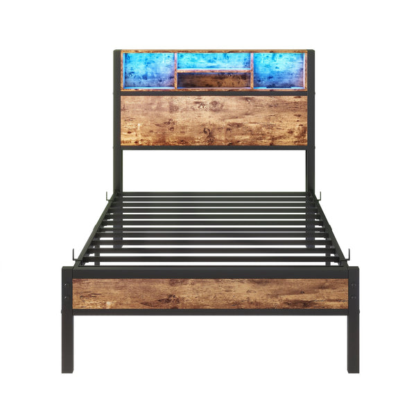 English Elm Twin Metal Platform Bed with RGB Headboard Lights, Charging Station, Bookcase & Under-Bed Storage W840P294072