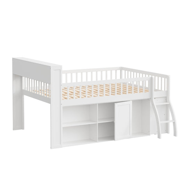 English Elm Full Size Kids Loft Bed with Led Headboard Open Shelving and Natural Wood Frame White N7090005024K