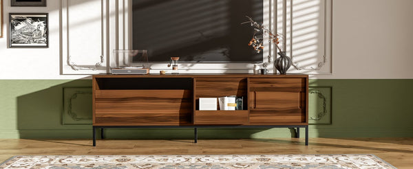 English Elm U-can Mid Century Walnut Media Console with Sliding Doors and Metal Frame for Living Rooms Brown N724P360370D