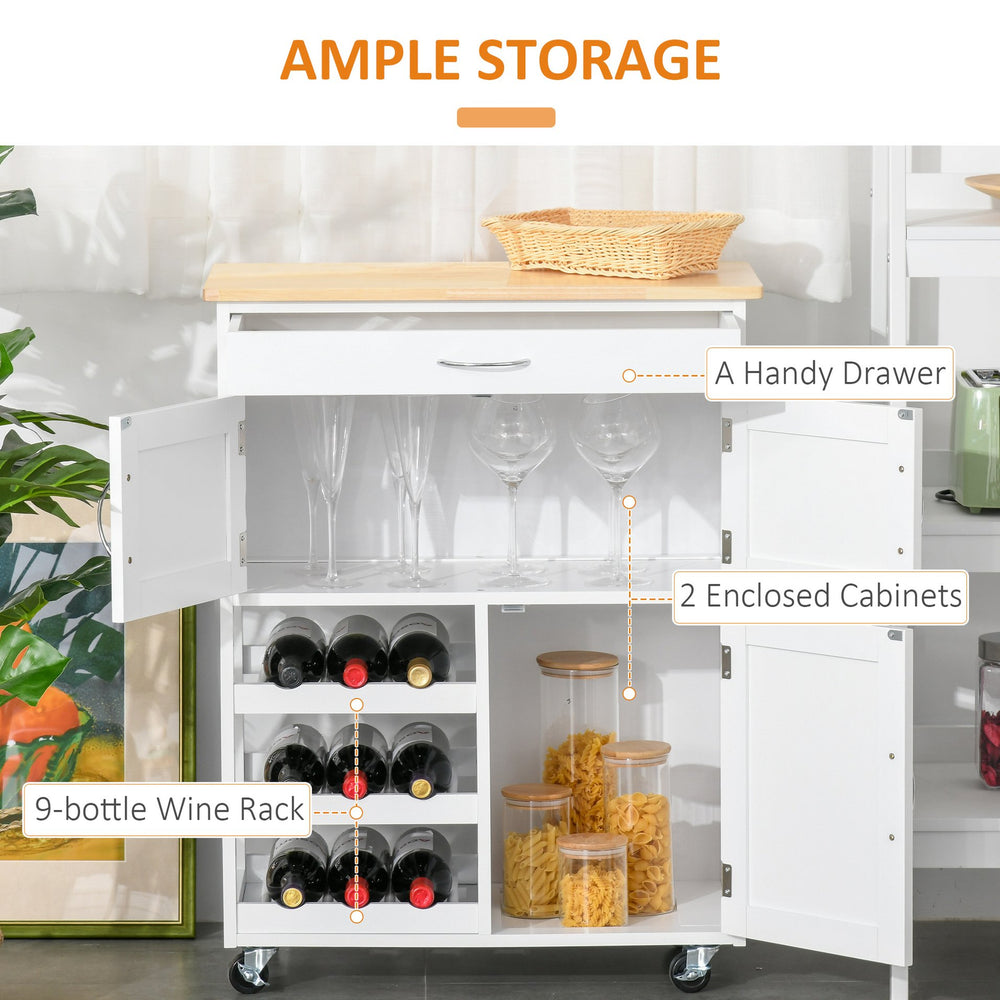 English Elm HOMCOM Mobile Kitchen Island Cart with Butcher Block, 9-Bottle Wine Rack, Cabinets & Drawer, White W2225P173896